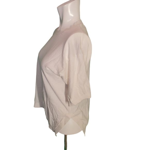 Theory Ivory Knit Short Sleeve Sweater Top Split Hem Cotton Pullover Sz M - Picture 2 of 6